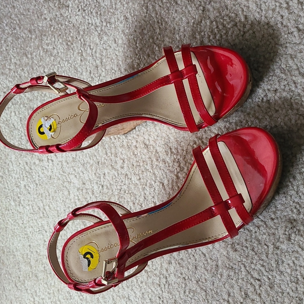 Jessica Simpson red cork wedges